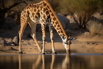 giraffe drinking water - obrazy, fototapety, plakaty