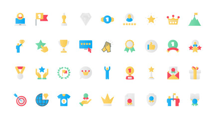 Trophy badges simple collection, premium prize of best quality and trophy of winner, gold stars, diamond and cup reward, crown and laurel. Awards flat icons set vector illustration.