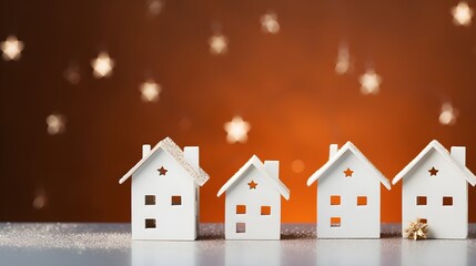 White miniature houses in row on orange red background, Christmas Holiday theme, snowing, bokeh lights landscape banner
