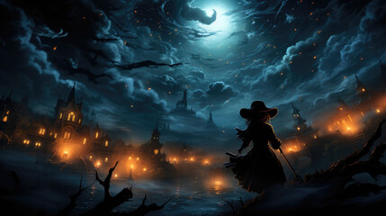 A witch riding her broom flying through the night sky