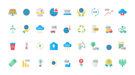 Carbon neutral and net zero symbols, greenhouse gas and environment pollution reduction with eco friendly sustainable energy, industry. CO2 emissions flat icons set vector illustration.
