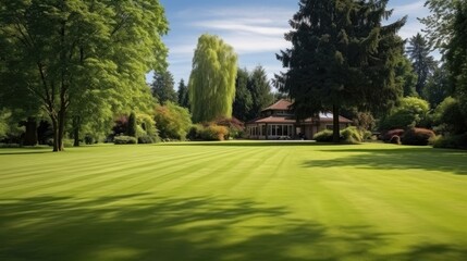 Beautiful and large manicured lawn surrounded by trees and bushes on a bright summer day 