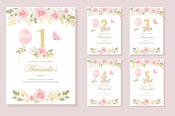 set of invitation cards for the girl's  birthday party. Template for baby shower invitation. one year	 - obrazy, fototapety, plakaty