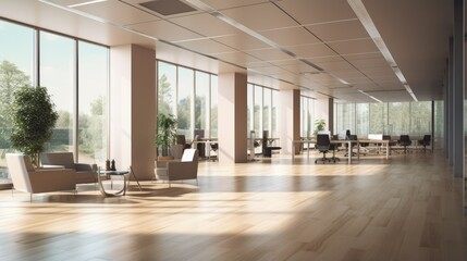 Beautiful background of a light modern office interior with panoramic big windows and beautiful lighting
