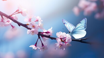 Beautiful blue and white butterfly perched on vibrant pink flower