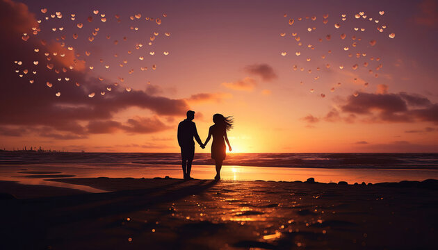 Silhouettes of a man and woman on the seashore against the backdrop of sunset.