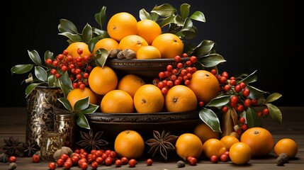 Tangerines, New Year's delicious vitamin set of orange fruits. Citrus tree. Healthy eating and diet food, banner on a white background.