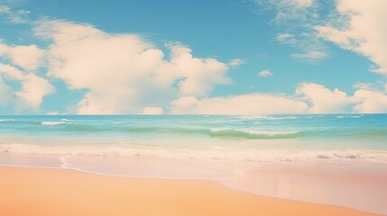 Fototapeta premium Beautiful natural tropical summer beach background with golden sand, turquoise ocean, and blue sky with white clouds