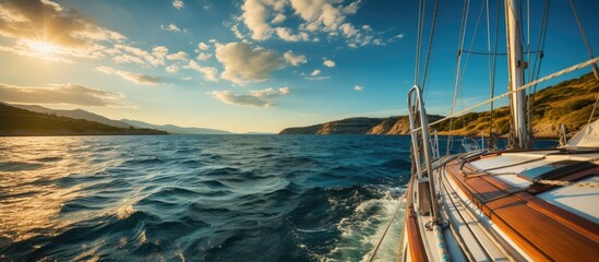 Sailboat in the middle of the sea in the sun with a beautiful open sea background - obrazy, fototapety, plakaty