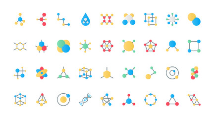 Molecules models flat icons set vector illustration. Symbols of different molecular structures with atoms in chain, chemical pictograms of substance for scientific medical research.