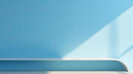 Blurred shadows on a pastel blue wall, sunlight through a window, white wooden floor, blank space for presentation