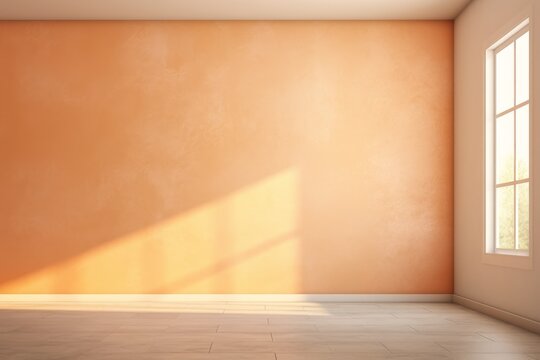 An empty room with a wooden floor, walls the color of Peach Fuzz color. 