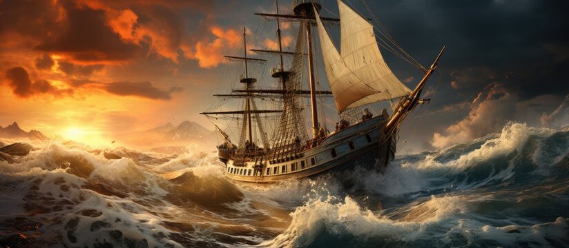 Ship in the middle of stormy sea waves