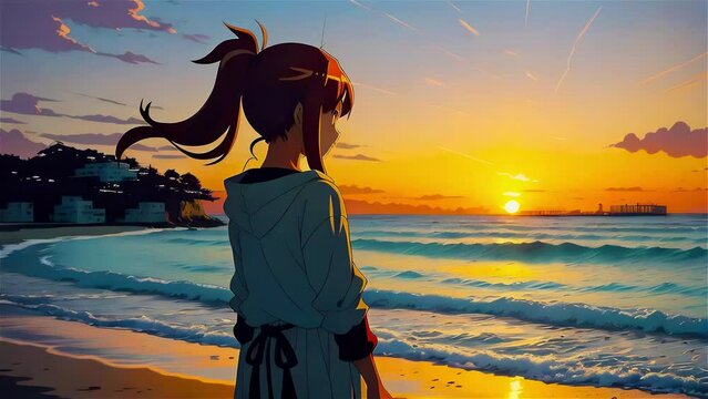 Anime girl and sunset on the seashore. Lofi beautiful aesthetics, suitable for music videos.