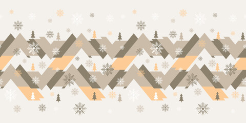 Abstract geometric landscape Border with hills, pine trees and snow flakes. Holiday seamless vector illustration in earthy colors. Great for Christmas wrapping paper, greeting cards and posters.