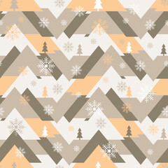 Abstract geometric snowy landscape with hills, pine trees and snow flakes. Holiday seamless vector illustration in earthy colors. Great for Christmas wrapping paper, greeting cards and gift boxes.