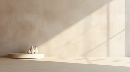 Minimalist abstract soft light beige background for product presentation with light and complex shadow from the window