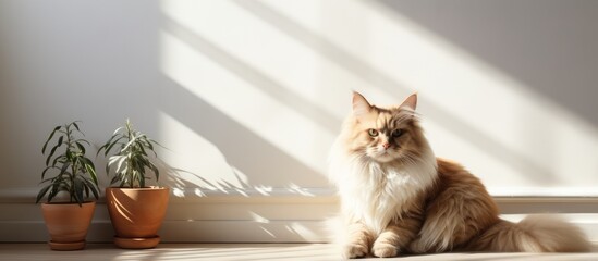 Side view of black cat eating food in feeding bowl with white wall background. warm look