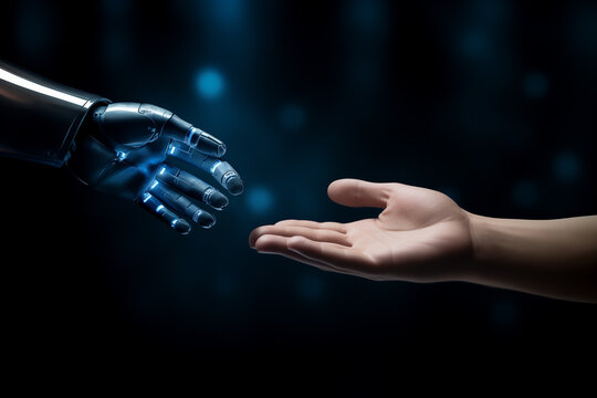 An image of a human hand reaching out to touch a robotic hand, symbolizing the harmony between humanity and technology. generative AI