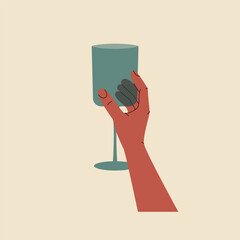 Hand holding glass with alcohol cocktail. Wineglass with drink, abstract design for greeting cards, postcards, invitations, menu. Vector illustration