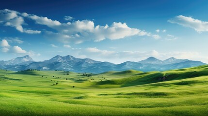 Fototapeta premium Panoramic nature landscape with green grass, blue sky with clouds and mountains in the background