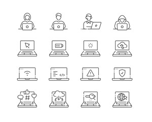 Laptop Computing Icon collection containing 16 editable stroke icons. Perfect for logos, stats and infographics. Edit the thickness of the line in Adobe Illustrator (or any vector capable app).