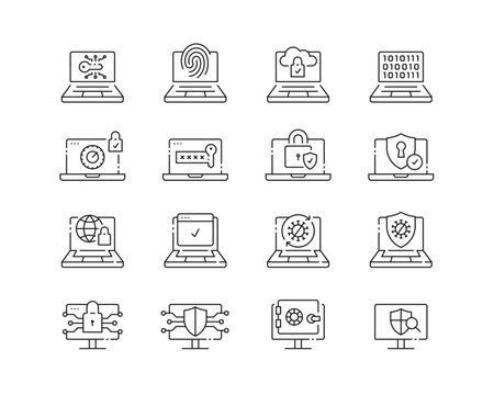 Cybersecurity Icon collection containing 16 editable stroke icons. Perfect for logos, stats and infographics. Edit the thickness of the line in Adobe Illustrator (or any vector capable app).