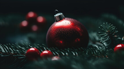 Christmas and New years eve Background. Beautiful Wide Angle Holiday Template with Christmas red ball on fir tree and highlights. Panoramic classic header Web banner with copy space for design.