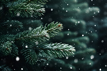 Fototapeta na wymiar Green tree brunches in snow background