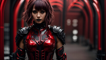 Fototapeta premium stunning beautiful woman in futuristic red gothic armor