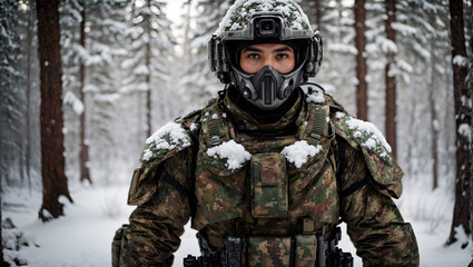 Naklejka premium futuristic soldier in winter forest