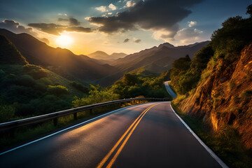 Empty long mountain road to the horizon on a sunny summer day at bright sunset	
