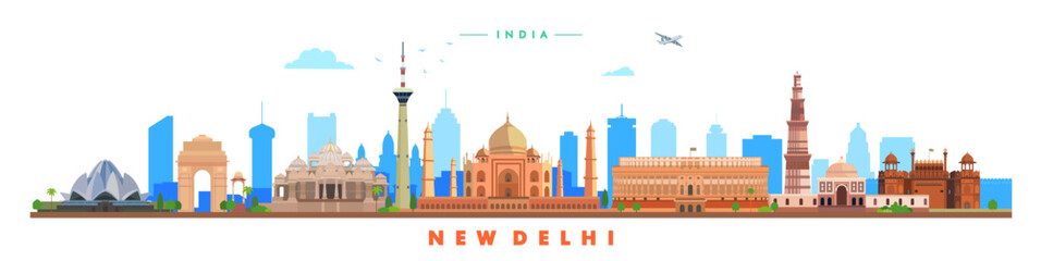 New delhi city landmarks vector illustration on white background, India	 - obrazy, fototapety, plakaty