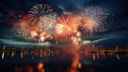 New years eve fireworks from a window of a room for online promotions in warm and happy mood