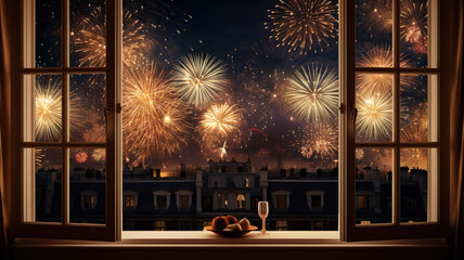 New years eve fireworks from a window of a room for online promotions in warm and happy mood