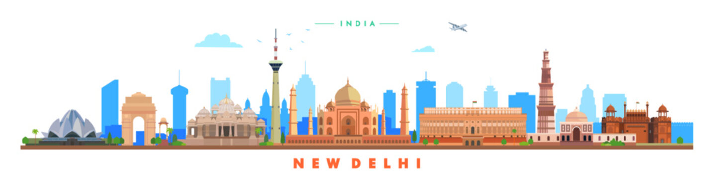 New delhi city landmarks vector illustration on white background, India	