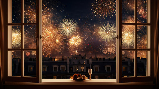 New years eve fireworks from a window of a room for online promotions in warm and happy mood