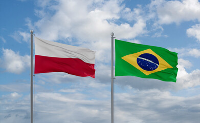 Poland and Brazil flags, country relationship concept