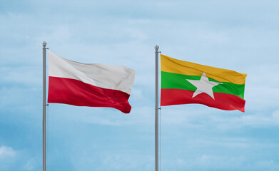Myanmar and Poland flags, country relationship concept