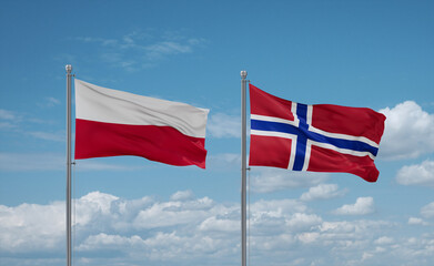 Norway and Poland flags, country relationship concept