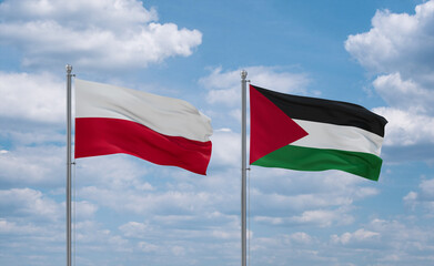 Palestine and Poland flags, country relationship concept