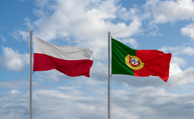 Portugal and Poland flags, country relationship concept