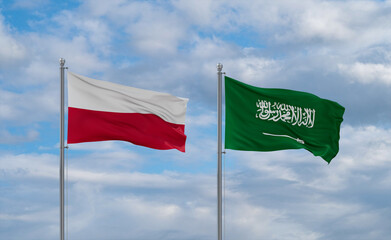 Poland and Saudi Arabia flags, country relationship concepts