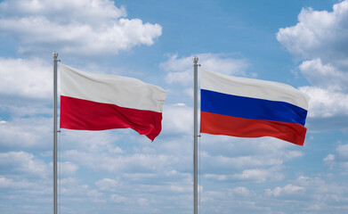 Russia and Poland flags, country relationship concept