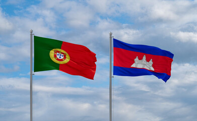 Cambodia and Portugal flags, country relationship concept