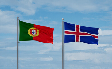 Iceland and Portugal flags, country relationship concept