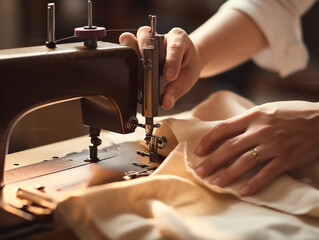 A Diligent Seamstress Crafting in a Sunlit Workshop: Skilled Hands at Work with Vintage Sewing Machine, Spools of Thread, and Cozy Artistry in the World of Skilled Craftsmanship - obrazy, fototapety, plakaty
