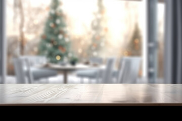 Empty wooden tabletop at home and snowy beautiful landscape outside the window. Christmas holiday background.