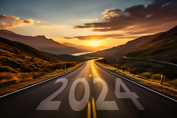 2024 New Year concept. Road trip, travel and future vision. Nature landscape with highway road leading forward to happy new year celebration for fresh and successful start - obrazy, fototapety, plakaty