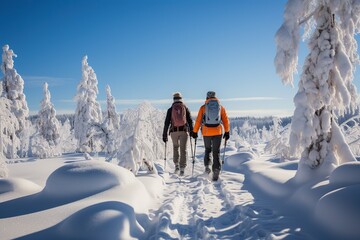 Snow solitude: Travelers in a winter wonderland - obrazy, fototapety, plakaty
